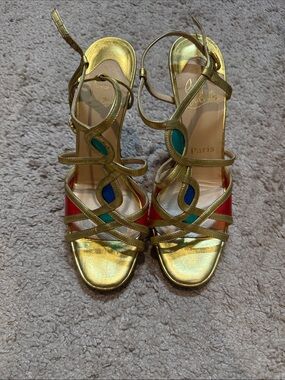 Christian Louboutin Gold Sandals with Blue, Teal and Red Insets